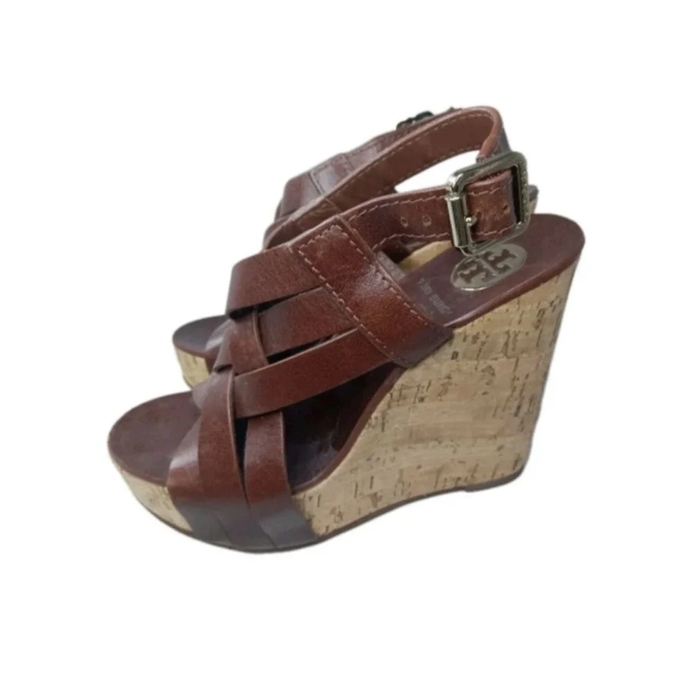 Tory Burch Ace Strappy Wedge Leather Sandals Women's Size 6 Shoes Brown